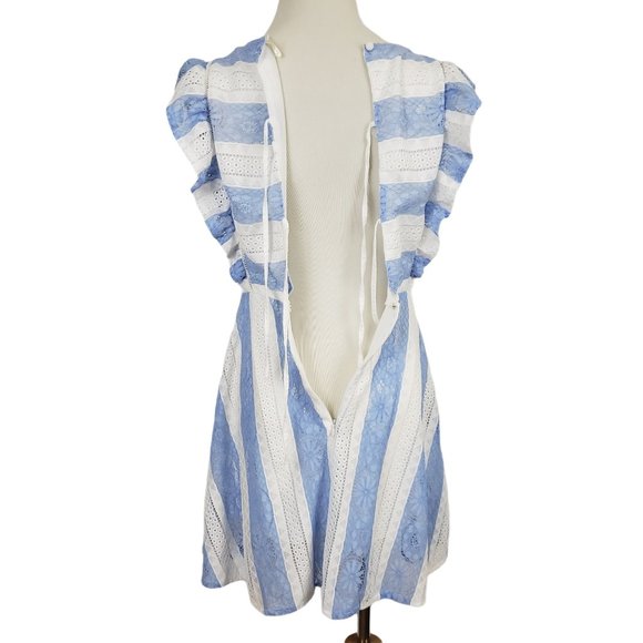 J.O.A. Ruffle Sleeve Lace Back Stripe Lace Dress M - Picture 7 of 11